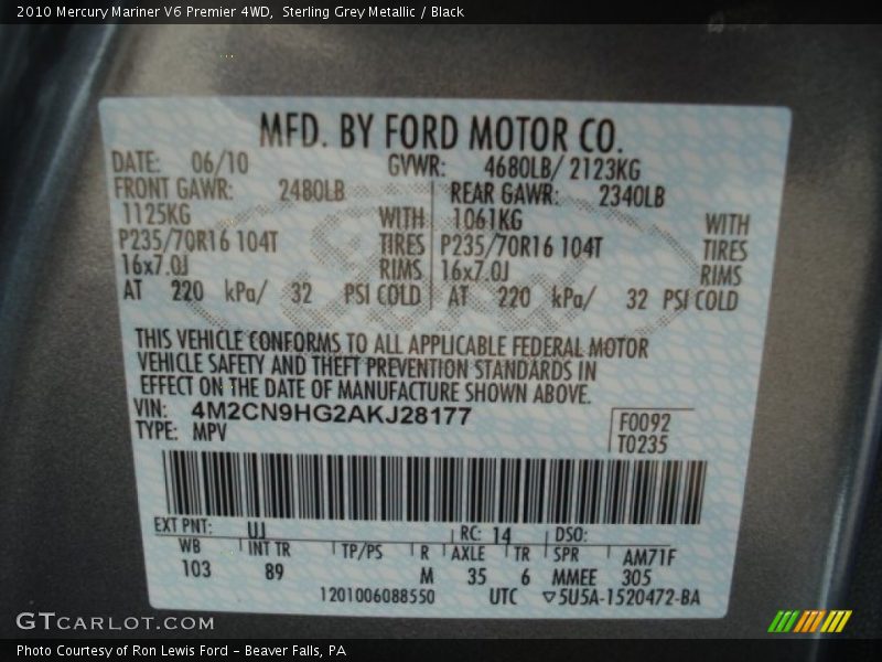 2010 Mariner V6 Premier 4WD Sterling Grey Metallic Color Code UJ