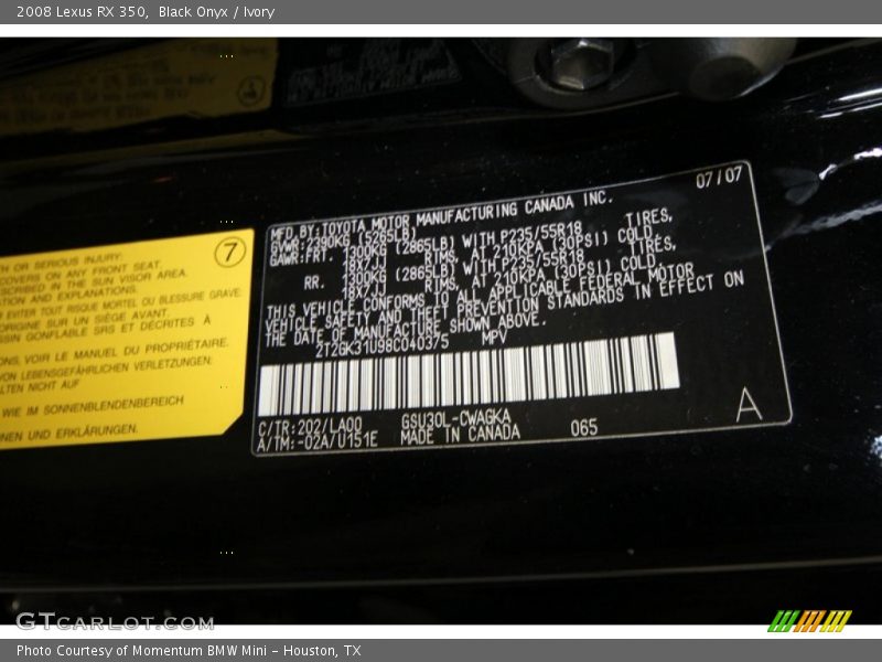 Black Onyx / Ivory 2008 Lexus RX 350