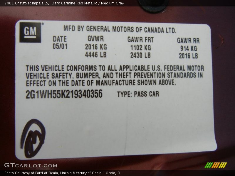 Dark Carmine Red Metallic / Medium Gray 2001 Chevrolet Impala LS