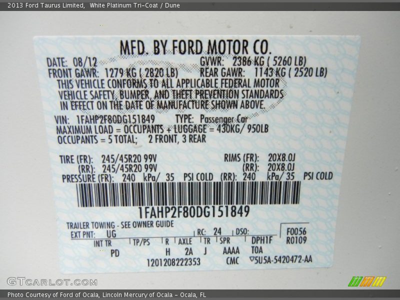 2013 Taurus Limited White Platinum Tri-Coat Color Code UG