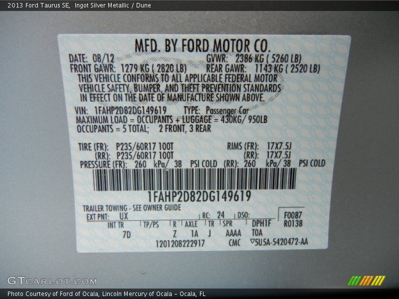 2013 Taurus SE Ingot Silver Metallic Color Code UX