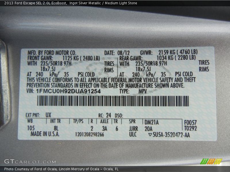 2013 Escape SEL 2.0L EcoBoost Ingot Silver Metallic Color Code UX