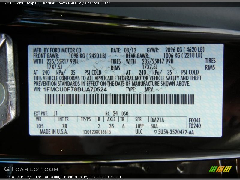 2013 Escape S Kodiak Brown Metallic Color Code J1