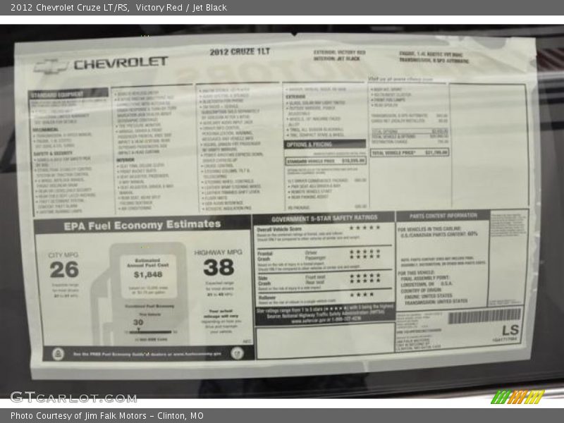  2012 Cruze LT/RS Window Sticker