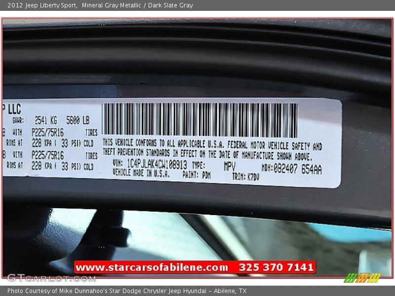 Mineral Gray Metallic / Dark Slate Gray 2012 Jeep Liberty Sport