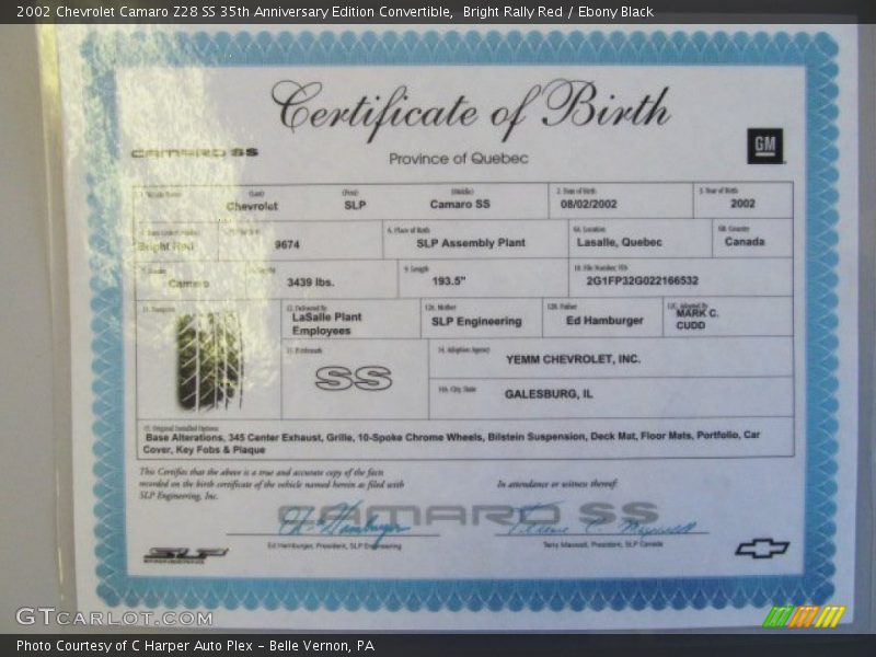 Info Tag of 2002 Camaro Z28 SS 35th Anniversary Edition Convertible