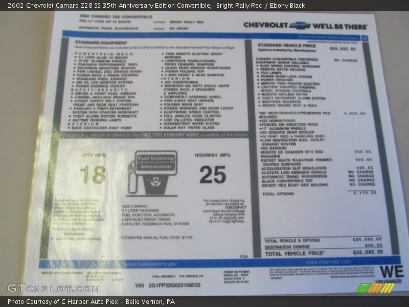  2002 Camaro Z28 SS 35th Anniversary Edition Convertible Window Sticker
