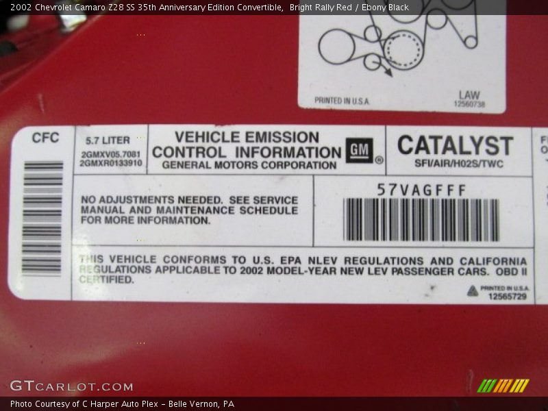 Info Tag of 2002 Camaro Z28 SS 35th Anniversary Edition Convertible