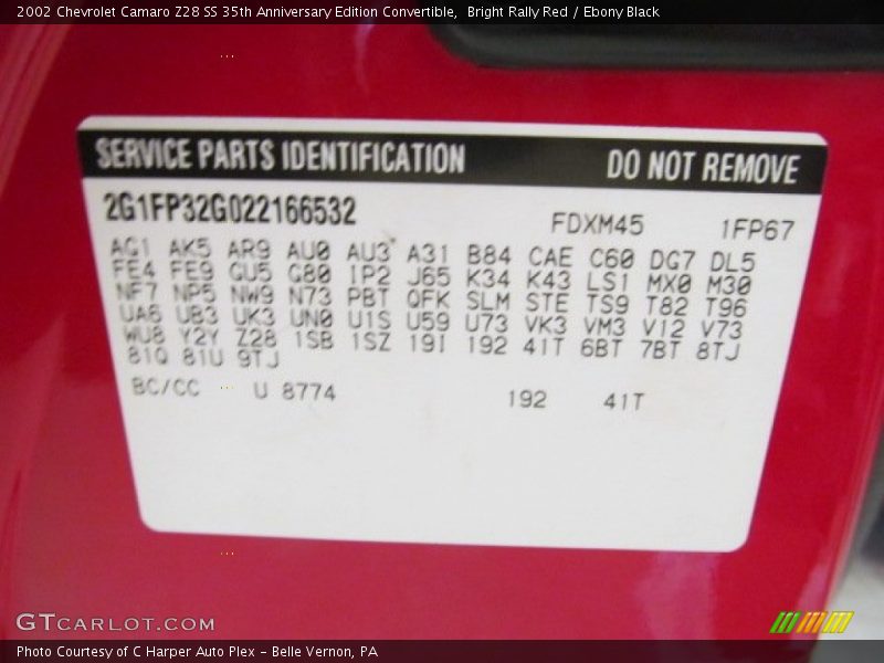 Info Tag of 2002 Camaro Z28 SS 35th Anniversary Edition Convertible