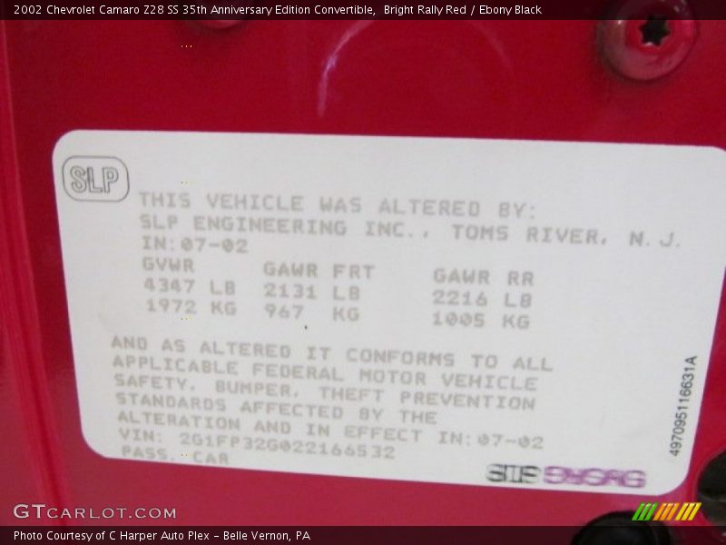 Info Tag of 2002 Camaro Z28 SS 35th Anniversary Edition Convertible
