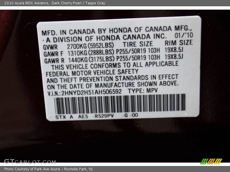 2010 MDX Advance Dark Cherry Pearl Color Code R529PV