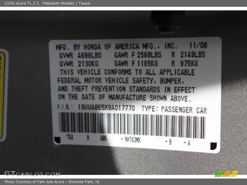 Palladium Metallic / Taupe 2009 Acura TL 3.5