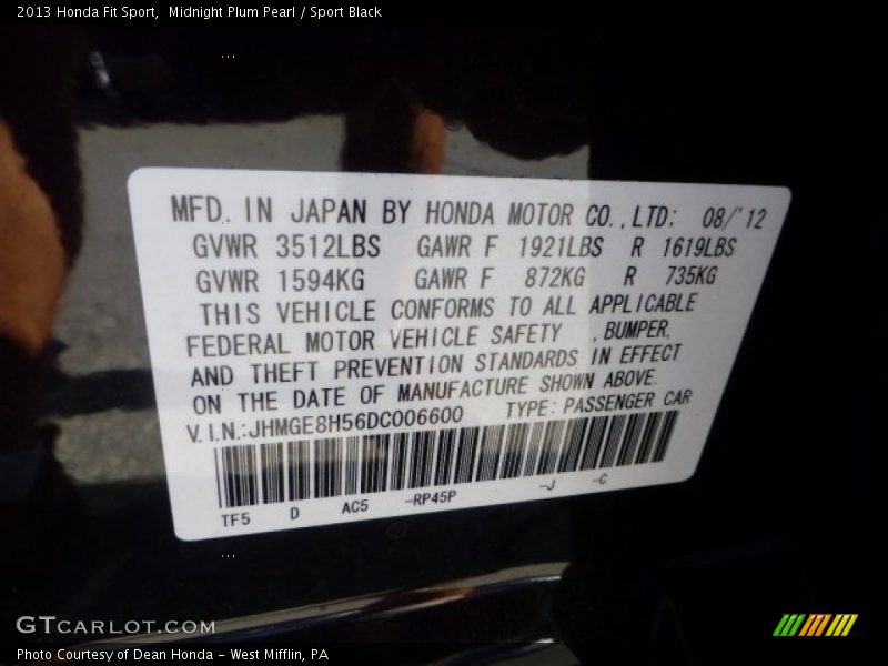 Midnight Plum Pearl / Sport Black 2013 Honda Fit Sport
