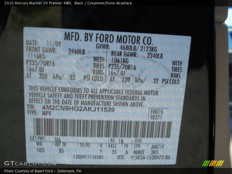 Black / Greystone/Stone Alcantara 2010 Mercury Mariner V6 Premier 4WD