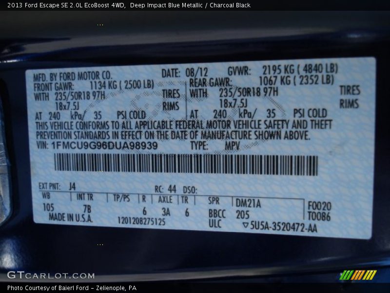 Deep Impact Blue Metallic / Charcoal Black 2013 Ford Escape SE 2.0L EcoBoost 4WD