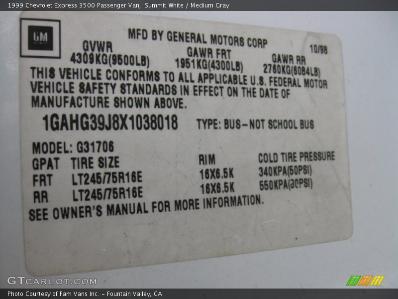Summit White / Medium Gray 1999 Chevrolet Express 3500 Passenger Van
