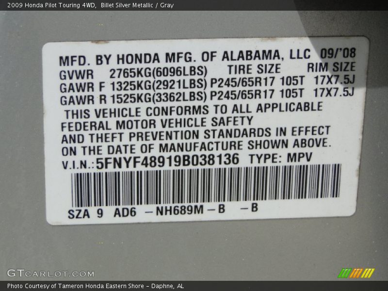 Billet Silver Metallic / Gray 2009 Honda Pilot Touring 4WD