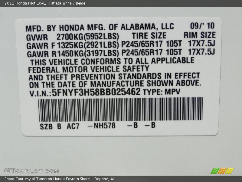 Taffeta White / Beige 2011 Honda Pilot EX-L