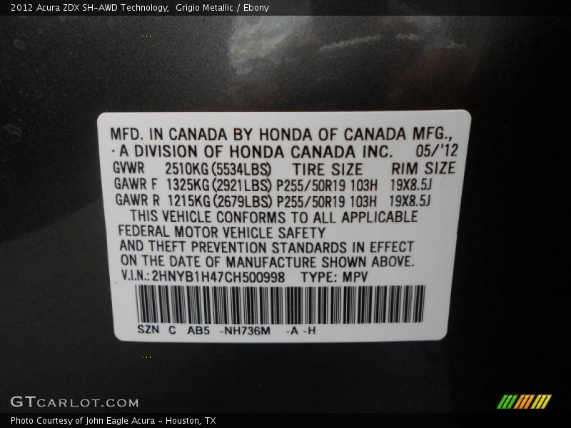 2012 ZDX SH-AWD Technology Grigio Metallic Color Code NH736M