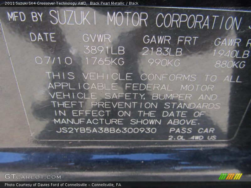 Black Pearl Metallic / Black 2011 Suzuki SX4 Crossover Technology AWD