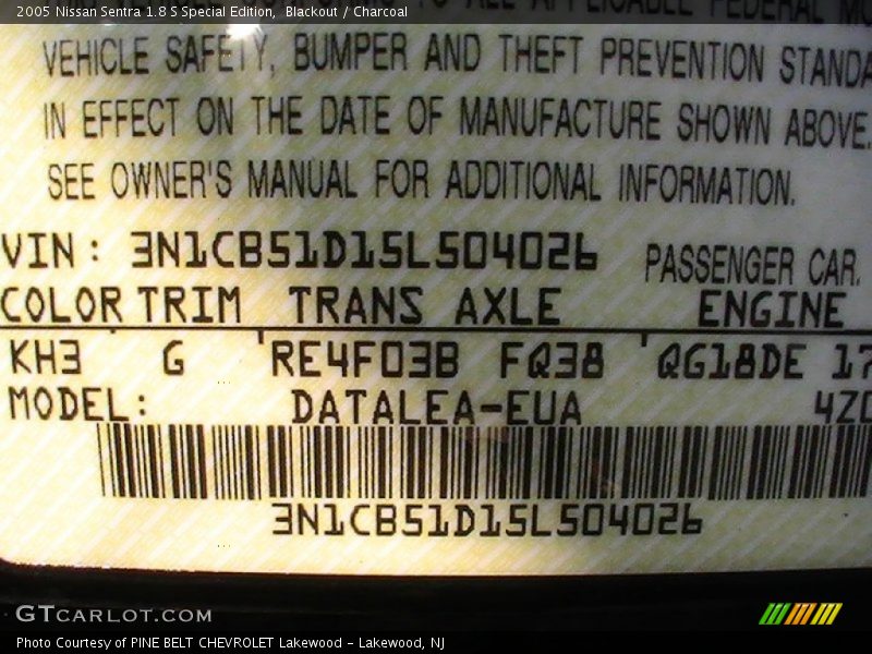 Blackout / Charcoal 2005 Nissan Sentra 1.8 S Special Edition
