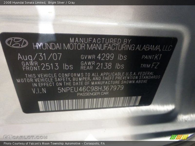 Bright Silver / Gray 2008 Hyundai Sonata Limited