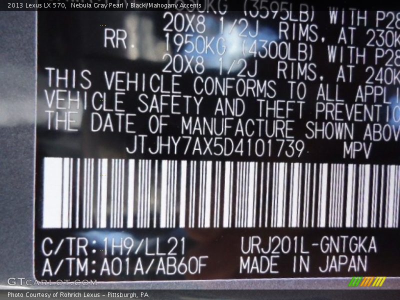 Nebula Gray Pearl / Black/Mahogany Accents 2013 Lexus LX 570