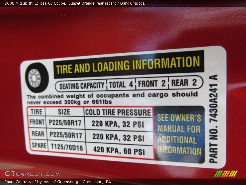 Info Tag of 2008 Eclipse GS Coupe