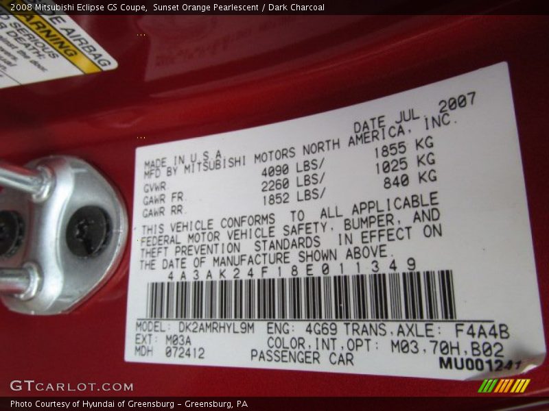 2008 Eclipse GS Coupe Sunset Orange Pearlescent Color Code M03