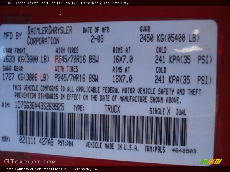 2003 Dakota Sport Regular Cab 4x4 Flame Red Color Code PR4