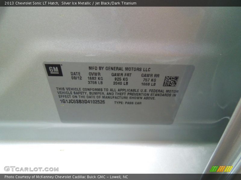 Silver Ice Metallic / Jet Black/Dark Titanium 2013 Chevrolet Sonic LT Hatch