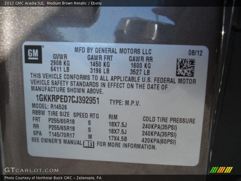 Medium Brown Metallic / Ebony 2012 GMC Acadia SLE