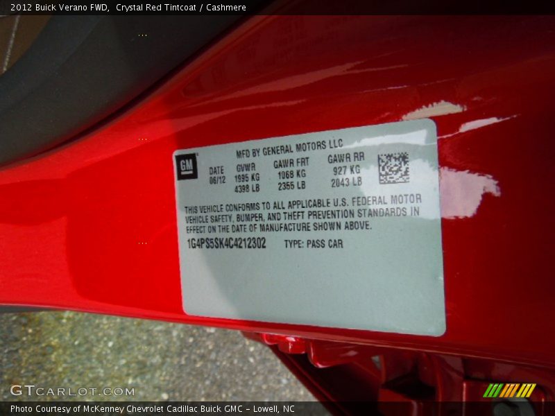 Crystal Red Tintcoat / Cashmere 2012 Buick Verano FWD
