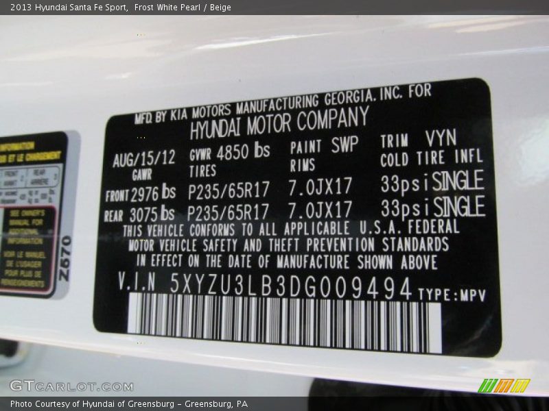 Frost White Pearl / Beige 2013 Hyundai Santa Fe Sport