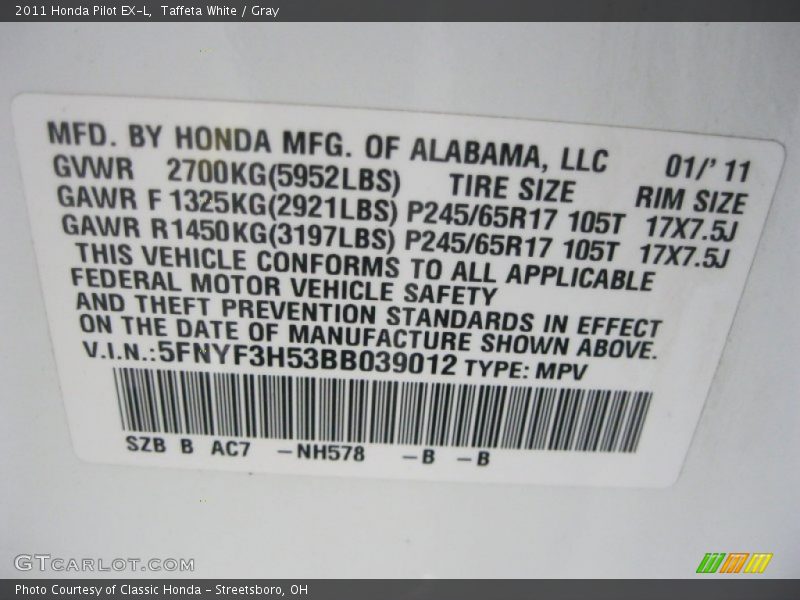 Taffeta White / Gray 2011 Honda Pilot EX-L