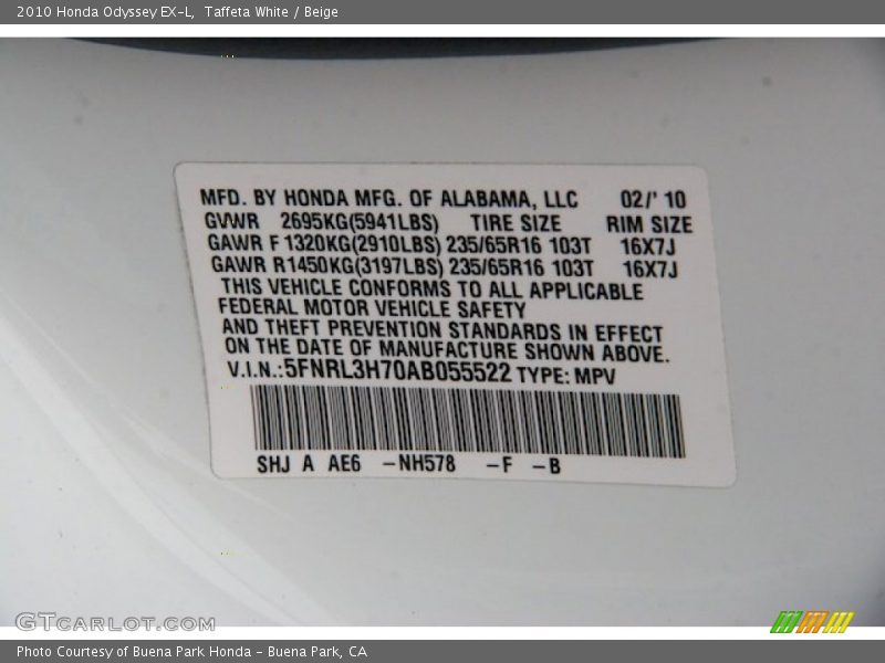 Taffeta White / Beige 2010 Honda Odyssey EX-L