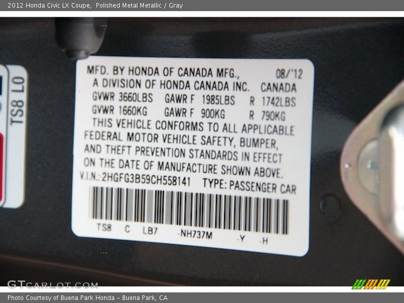 Polished Metal Metallic / Gray 2012 Honda Civic LX Coupe