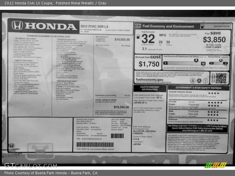 Polished Metal Metallic / Gray 2012 Honda Civic LX Coupe