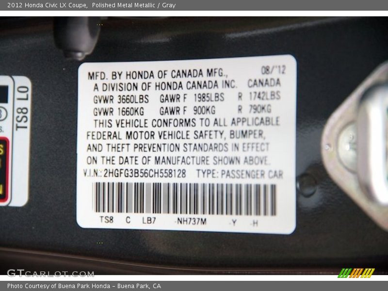 Polished Metal Metallic / Gray 2012 Honda Civic LX Coupe