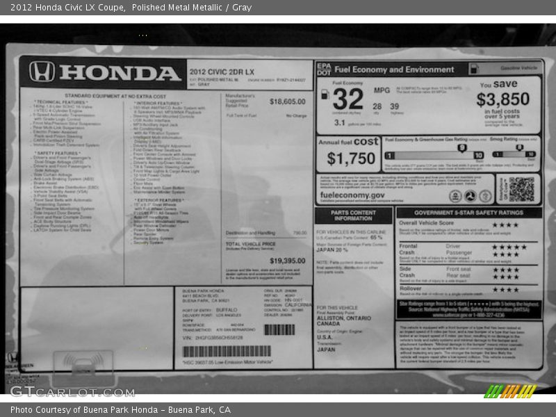 Polished Metal Metallic / Gray 2012 Honda Civic LX Coupe