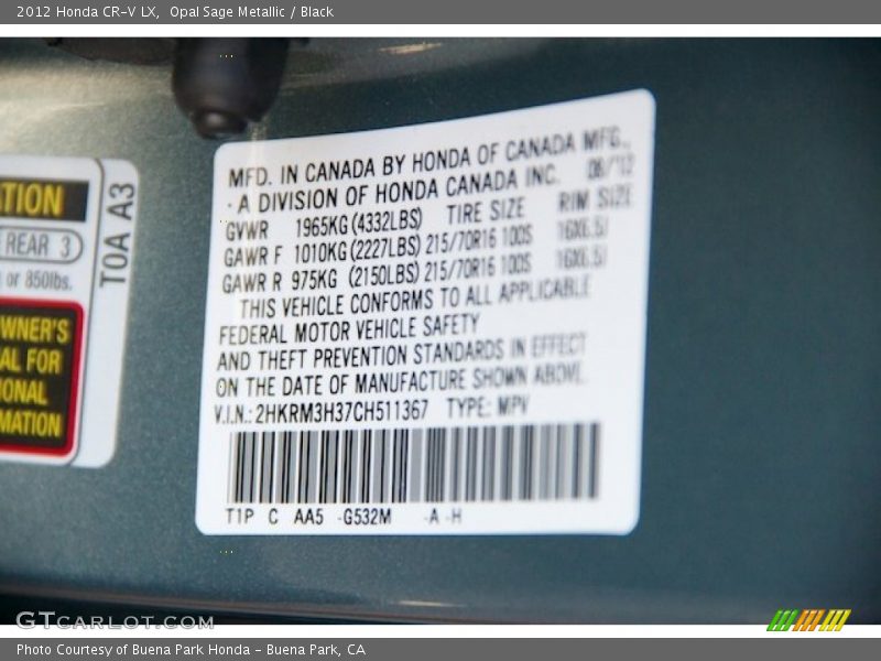 Opal Sage Metallic / Black 2012 Honda CR-V LX