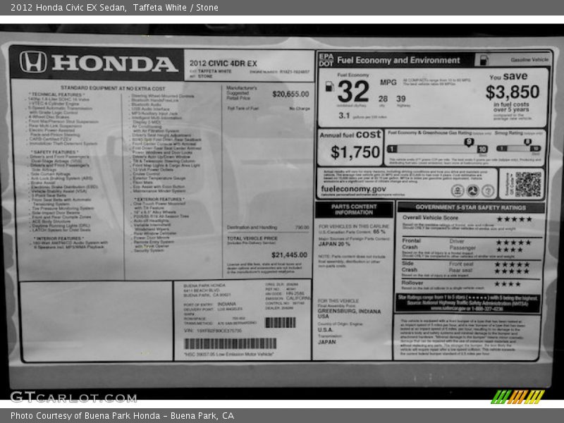 Taffeta White / Stone 2012 Honda Civic EX Sedan
