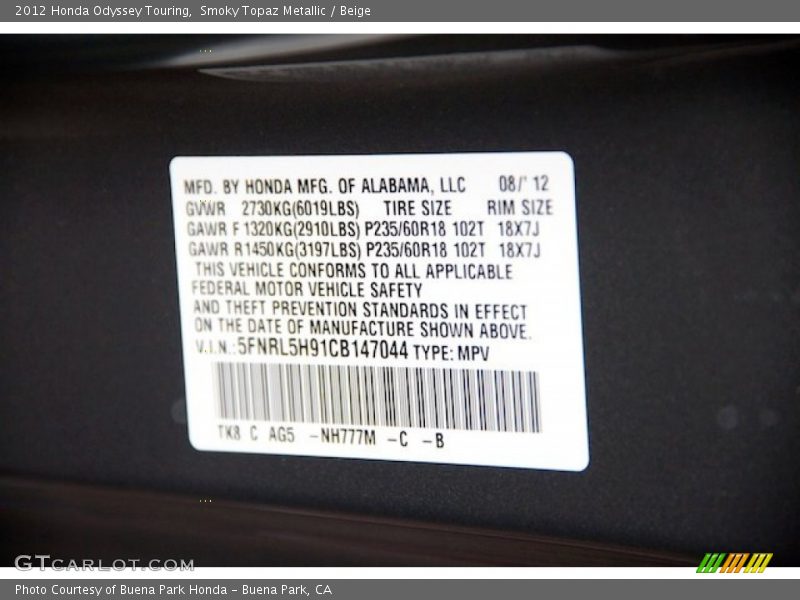 Smoky Topaz Metallic / Beige 2012 Honda Odyssey Touring
