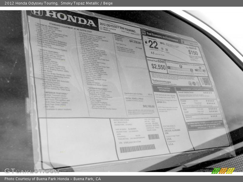Smoky Topaz Metallic / Beige 2012 Honda Odyssey Touring