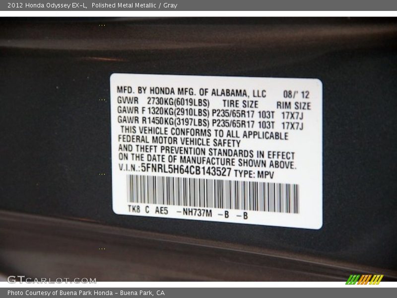 Polished Metal Metallic / Gray 2012 Honda Odyssey EX-L