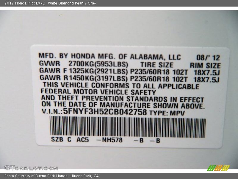 White Diamond Pearl / Gray 2012 Honda Pilot EX-L