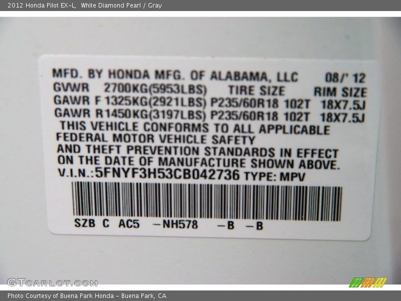 White Diamond Pearl / Gray 2012 Honda Pilot EX-L