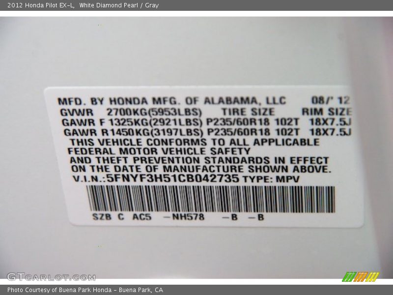 White Diamond Pearl / Gray 2012 Honda Pilot EX-L