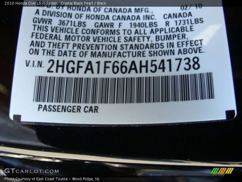 Crystal Black Pearl / Black 2010 Honda Civic LX-S Sedan