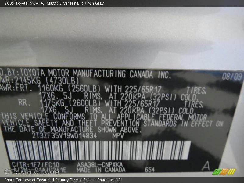 2009 RAV4 I4 Classic Silver Metallic Color Code 1F7